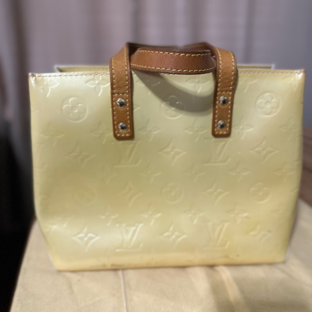 Authentic Reade Monogram Vernis Pm Yellow/Gold Patent Leather Tote Small